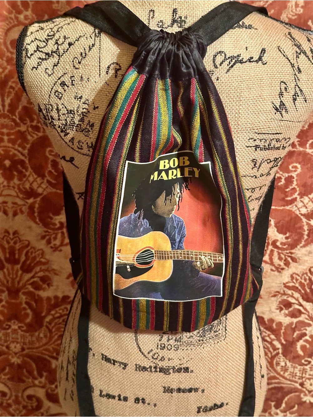 Bob Marley Striped Drawstring Backpack - Black with Multicolor Stripes